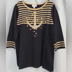 Quaker Factory NWOT Black Gold Beaded Sequins Anchor Nautical Sweater SZ M